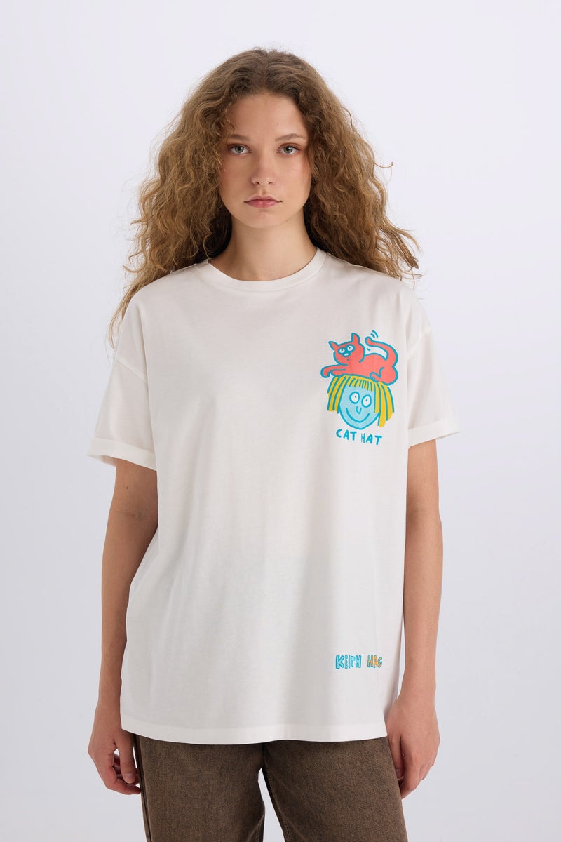 DeFacto White Woman Keith Haring Oversize Crew Neck Back Printed T-Shirt Casual - Image 3